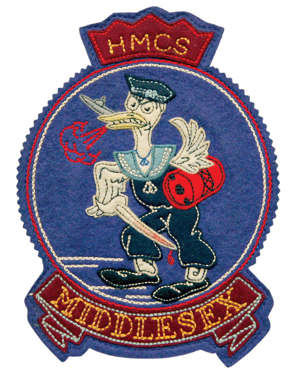Photo of  H.M.C.S. Middlesex patch featuring a mascot by Lou Skuce